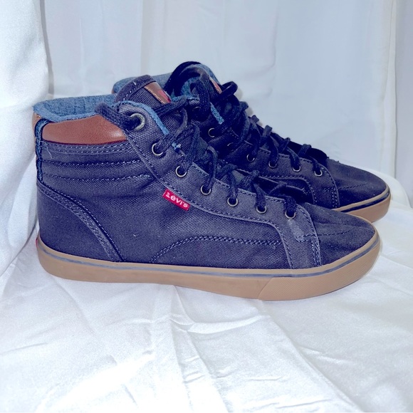 LEVI'S High Top Blue Denim Sneakers Men’s Size 6 Canvas & Tan Leather Levi LOGO - Picture 12 of 12